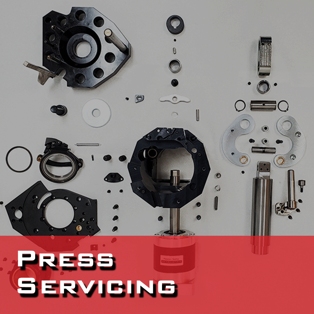 Organized display of Mark 7 Revolution parts, showcasing various components. This image links to a guide on how to send in your Mark 7 Revolution for repair services.